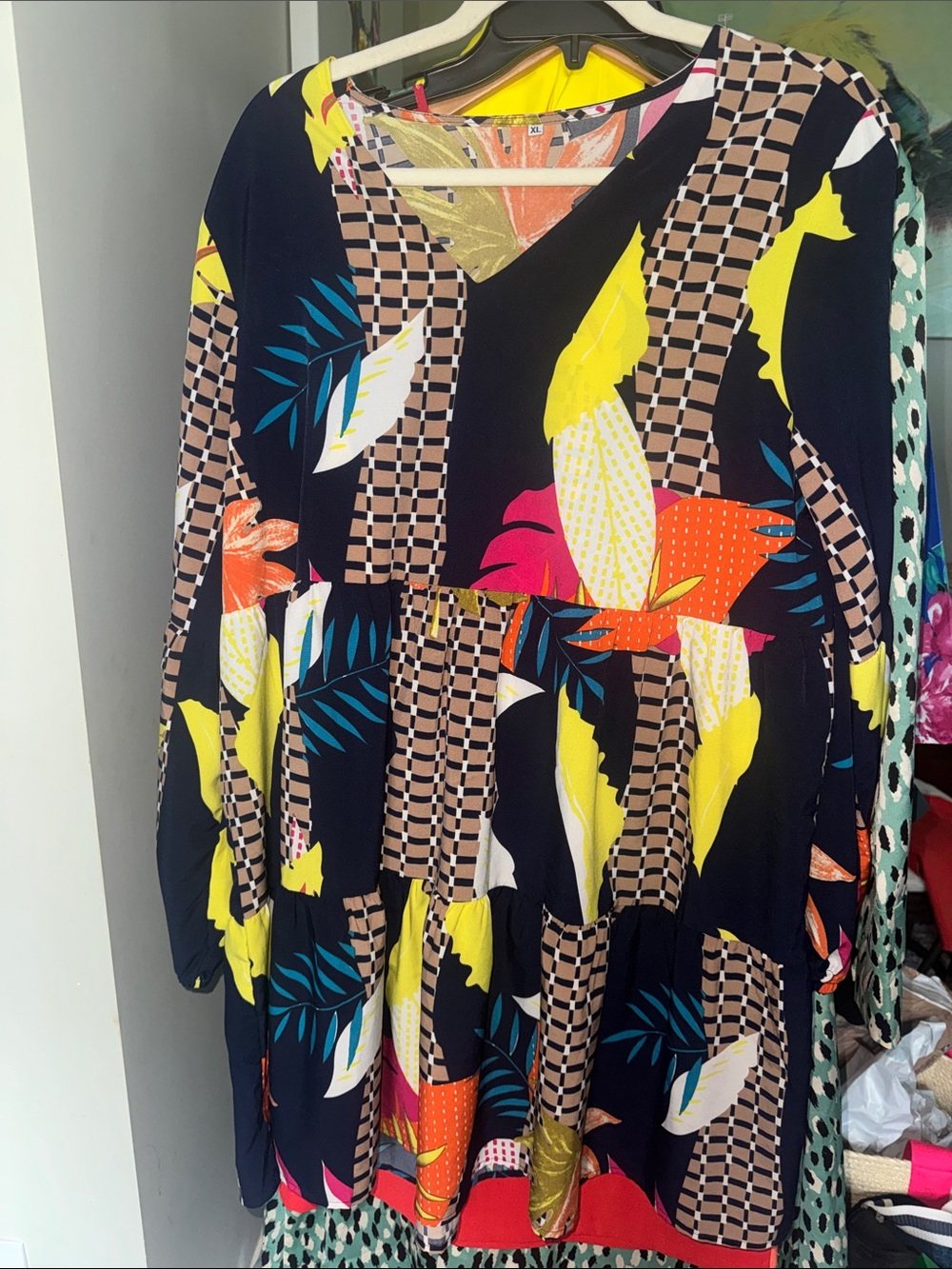 Black Floral Patchwork V-Neck Mini Dress with Bright Accents